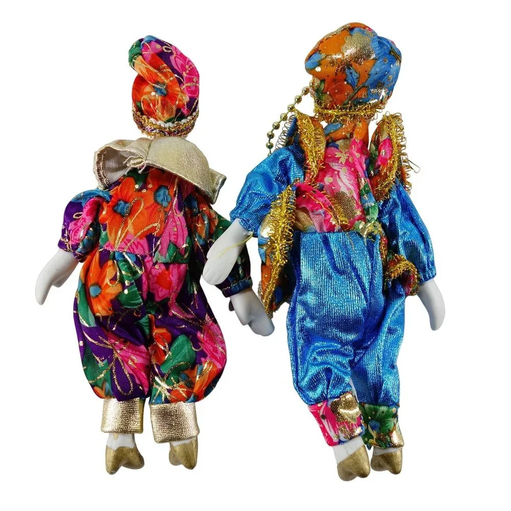 Porcelain and Fabric Small Collectible Harlequin Jester Doll Figures Set‎ of 2